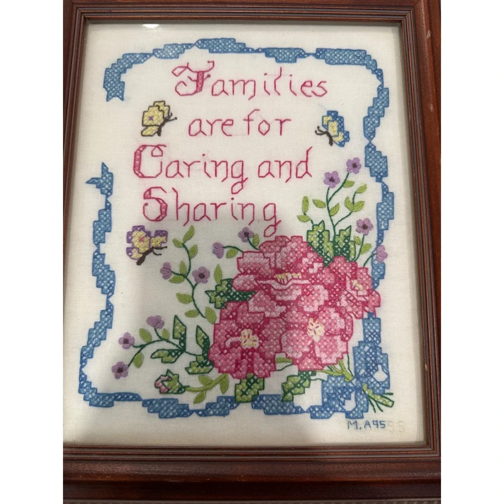 Framed Cross Stitch Family Quote Art Families are for Caring Sharing Butterflies